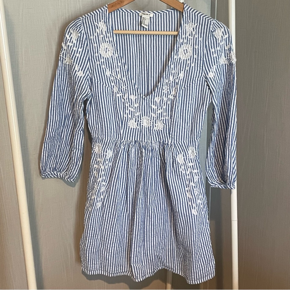 Forever 21 Blue and White Striped Mini Dress with Embroidery